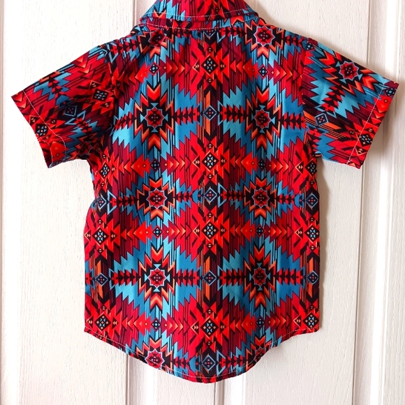 New 3T button front shirt, short sleeve, polyester blend, red and blues - Picture 2 of 2
